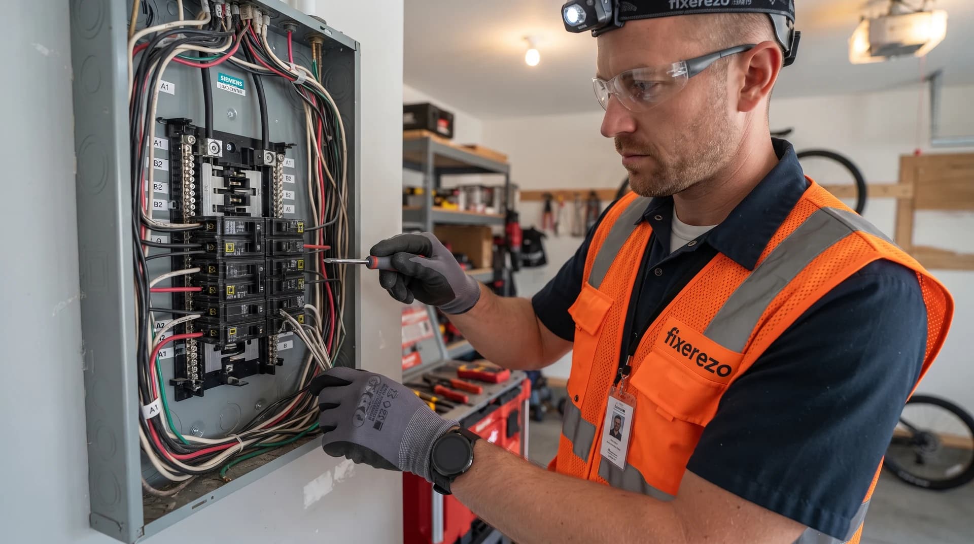 An electrical technician inspecting a breaker box