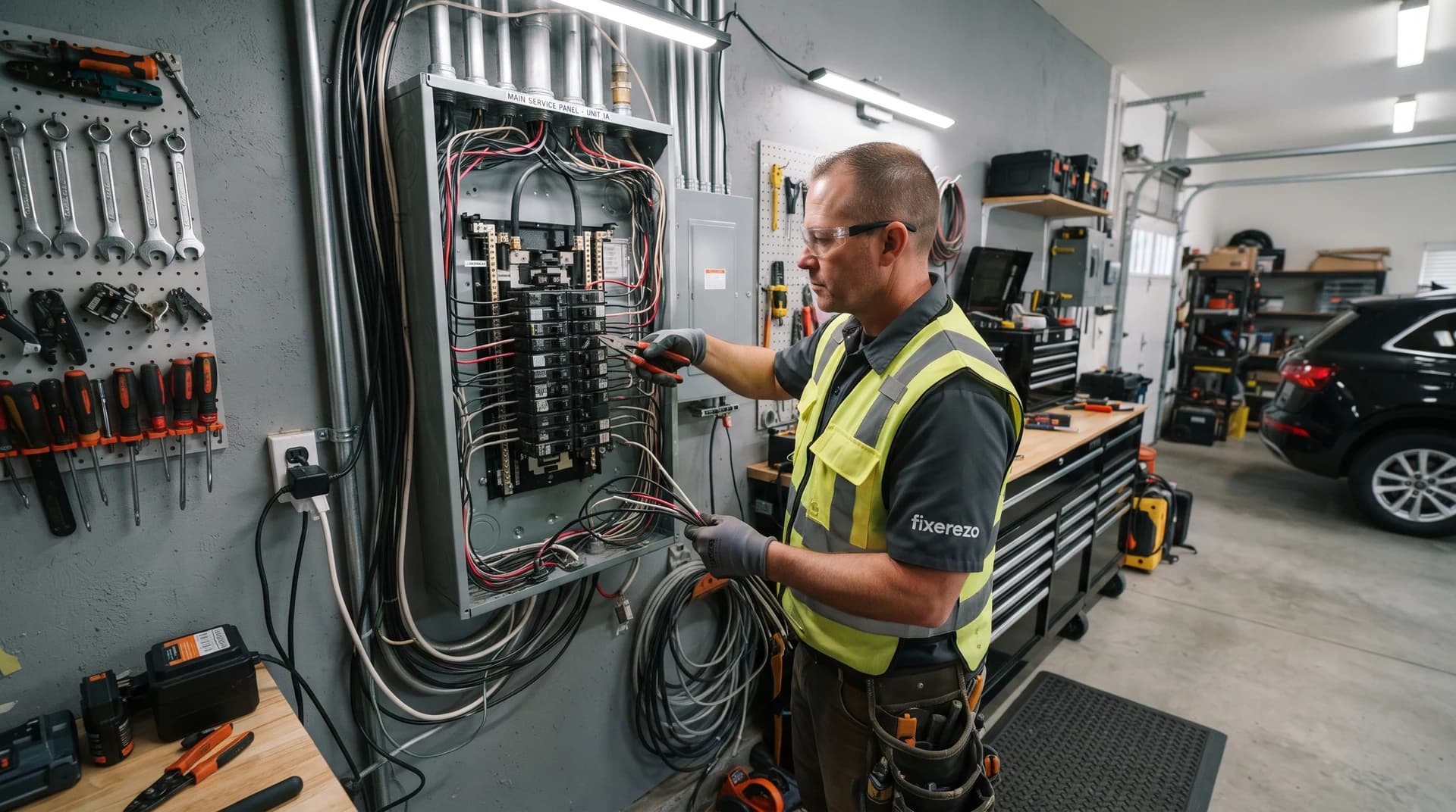 An electrical technician servicing an electrical panel