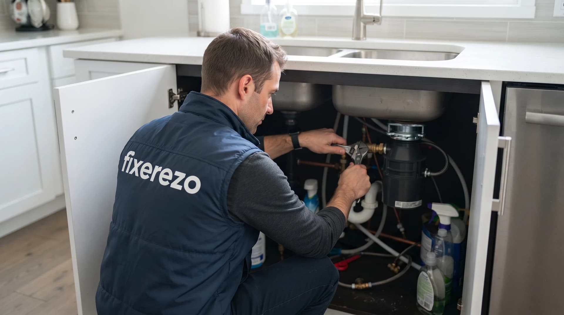 A plumbing technician working under a kitchen sink